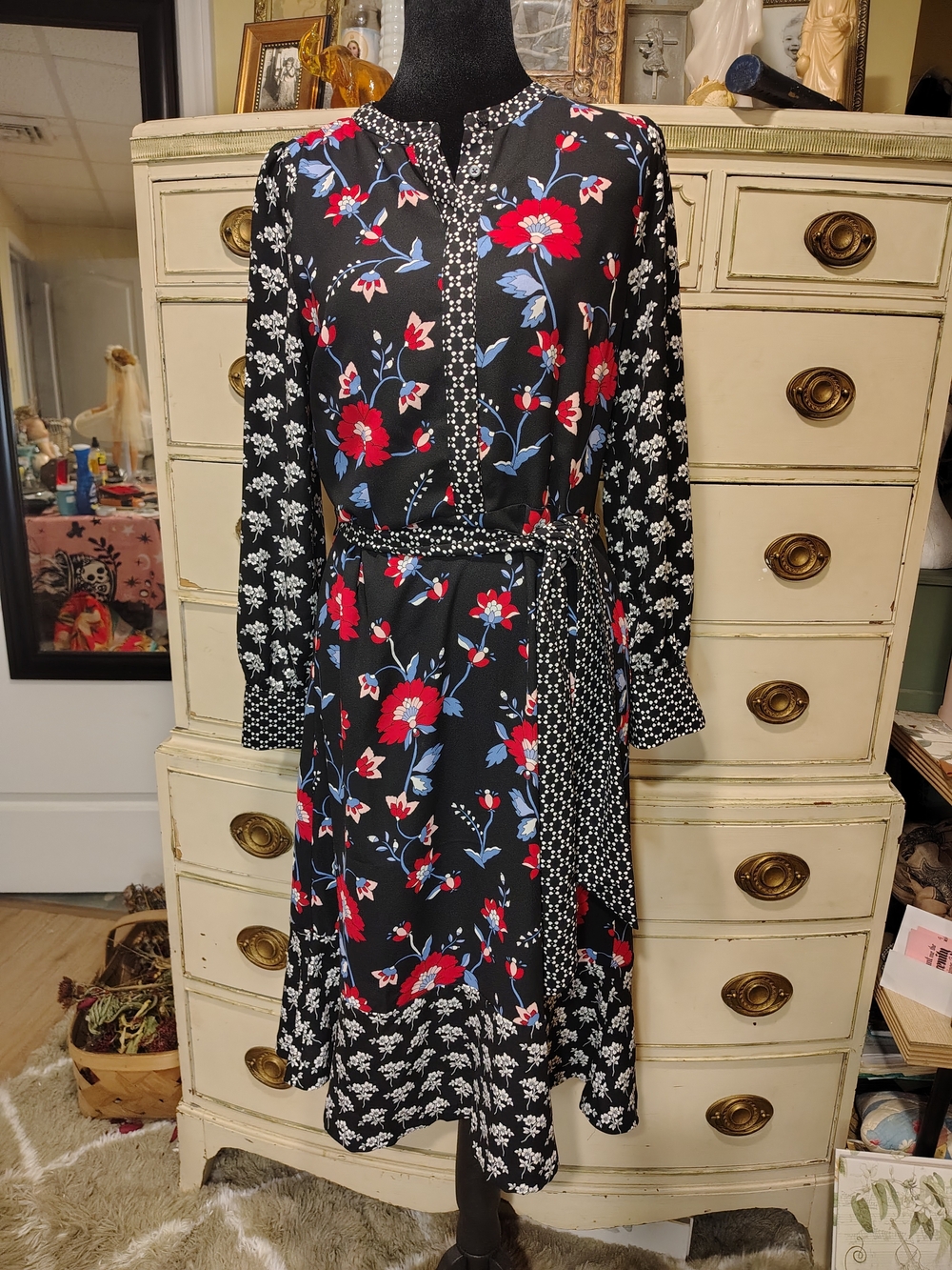 Talbots Black Midi Dress with Red & Blue Floral Print